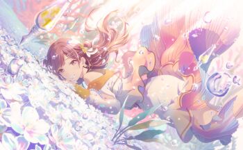 Rule 34 | 1girl, air bubble, alternate hair length (longer), bare shoulders, blunt bangs, brown dress, brown eyes, brown hair, bubble, closed mouth, colorful palette, coral, cowboy shot, dot nose, double bun, dress, earrings, floating clothes, floating hair, flower, flower earrings, game cg, gem, gradient clothes, gradient dress, hair bun, hair flower, hair ornament, hair ribbon, hairclip, highres, holding, holding flower, jewelry, koukyou suru machi no katasumi de (project sekai), layered dress, long hair, long sleeves, looking at viewer, lying, off-shoulder dress, off shoulder, official alternate costume, official alternate hairstyle, official art, pearl (gemstone), plant, project sekai, puffy long sleeves, puffy sleeves, ribbon, shinonome ena, smile, solo, swept bangs, third-party source, two side up, upper body, white dress, white flower, white ribbon, yellow flower