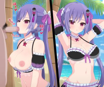 1boy 1girl arm_garter arms_behind_head arms_up assault_lily bar_censor bare_shoulders bikini bikini_pull bikini_top_pull blue_sky blurry blurry_background blush breasts breasts_out censored clothed_female_nude_male clothed_sex clothes_pull cloud collarbone commentary_request day fellatio frilled_bikini frilled_ribbon frills front-tie_bikini_top front-tie_top hair_ornament hair_ribbon haniwa_(kiminozorazio) head_out_of_frame heart heavy_breathing hetero highres horizon jewelry large_breasts long_hair looking_at_another looking_at_viewer male_pubic_hair matsumura_fuuka multiple_views navel nipples nude official_alternate_costume oral out_of_frame outdoors palm_tree parted_lips pendant penis pink_eyes pink_ribbon pubic_hair purple_hair raised_eyebrows ribbon ribbon-trimmed_bikini ribbon_trim saliva see-through_bikini see-through_clothes sky solo_focus sparkle spoken_heart standing stomach sweat swimsuit tassel tassel_hair_ornament testicles translation_request tree twintails twitching_penis upper_body very_long_hair water