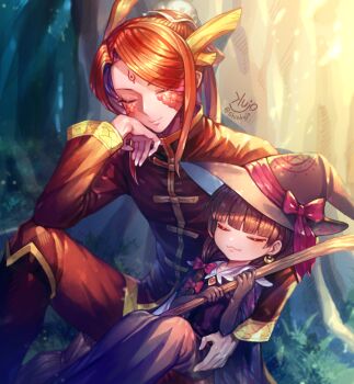 Rule 34 | 1boy, 1girl, androgynous, arm around shoulder, bad proportions, black dress, black gloves, blunt bangs, boots, bow, brown hair, bun cover, chinese clothes, commentary request, dragon boy, dragon horns, dress, earrings, eastern dragon horns, facial mark, forehead mark, forest, gloves, gold earrings, hair bow, hair bun, hand on own cheek, hand on own face, hat, hat bow, holding, holding staff, horns, hua zhuotian (shinku castle), jewelry, knee boots, knee up, long hair, low-tied long hair, monster boy, nature, orange scales, original, outdoors, red bow, resting, scales, shinku castle, side part, signature, single hair bun, sitting, smile, staff, tangzhuang, witch, witch hat, yellow horns