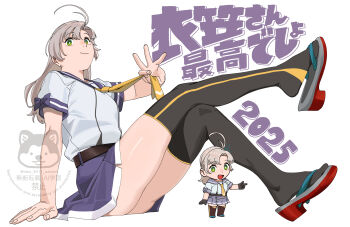 1girl 2025 antenna_hair black_thighhighs chibi chibi_inset commentary_request full_body green_eyes grey_hair highres kantai_collection kinugasa_(kancolle) kinugasa_kai_ni_(kancolle) long_hair looking_at_viewer multiple_views neckerchief ojipon open_mouth purple_sailor_collar purple_skirt sailor_collar sailor_shirt sandals school_uniform serafuku shirt short_sleeves simple_background sitting skirt smile thighhighs translation_request watermark white_background yellow_neckerchief