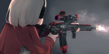 1girl aiming ar-15 assault_rifle battlefield_(series) battlefield_2042 blonde_hair breasts casing_ejection character_name chinese_commentary commentary_request dress ear_protection english_text firing from_behind gradient_background grey_background grey_dress gun highres holding holding_gun holding_weapon long_sleeves looking_through_scope lycoris_recoil lycoris_uniform medium_breasts muzzle_flash nishikigi_chisato red_dress rifle s41ty scope shell_casing smoke solo two-tone_dress upper_body weapon