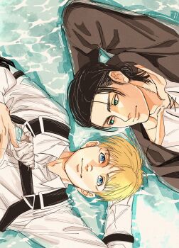 Rule 34 | 2boys, arm behind head, armin arlert, black hair, blonde hair, blue eyes, brown jacket, chest harness, closed mouth, collared shirt, conch, eren yeager, gin 6510, green eyes, hair bun, half updo, harness, hashtag-only commentary, highres, holding, holding shell, jacket, lying, male focus, medium hair, multiple boys, ocean, on back, partially submerged, shell, shingeki no kyojin, shirt, short hair, smile, upper body, waves, white shirt