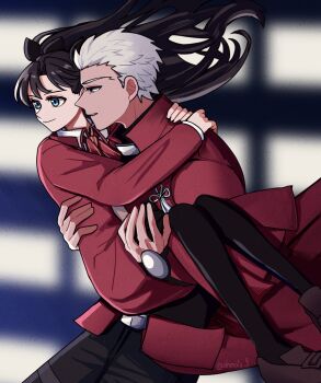 1boy 1girl absurdres archer_(fate) black_hair black_pants black_pantyhose blue_eyes blurry blurry_background brown_shoes carrying coat commentary_request dark-skinned_male dark_skin fate/stay_night fate_(series) grey_eyes highres homurabara_academy_school_uniform long_hair neck_ribbon ohmoto_9 pants pantyhose princess_carry red_coat red_ribbon ribbon school_uniform shoes tohsaka_rin twitter_username two_side_up watermark white_hair
