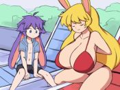 10s 1boy 1girl age_difference animal_ears animated aqua_eyes bikini blonde_hair blue_eyes bouncing bouncing_breasts breasts bulge covering_breasts covering_privates crossed_arms developing_erection erection erection_under_clothes flaccid furry green_eyes hetero honey_(paulgq) huge_breasts huge_nipples large_penis long_hair looking_at_another navel nipples original outdoors paul_gq penis pocket_(paulgq) purple_hair rabbit_ears rabbit_girl red_bikini resized sagging_breasts short_hair shota sitting size_difference smile smirk strap_gap swimsuit teasing thighs third-party_edit topless_female uncensored undressing unworn_bikini_top unworn_clothes upscaled video watching wide-eyed