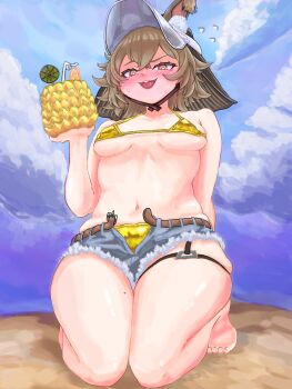1girl animal_ears arknights belt bikini blush breasts brown_hair bsyab1 caper_(arknights) caper_(summer_flowers)_(arknights) criss-cross_straps denim denim_shorts drinking_straw ears_through_hood flying_sweatdrops food frayed_shorts fruit gold_bikini highres kneeling mole mole_on_thigh navel official_alternate_costume open_belt open_mouth orange_(fruit) orange_slice pineapple rabbit_ears red_eyes short_hair short_shorts shorts sky smile solo swimsuit teeth thigh_strap upper_teeth_only visor_cap white_visor