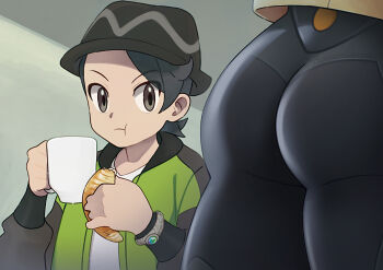 1boy 1girl :t accidental_pervert ass ass_focus black_bodysuit black_hair black_hat bodysuit cloudxmoe croissant cup eating emma_(pokemon) food green_jacket grey_eyes hat head_out_of_frame hetero holding holding_cup holding_food huge_ass jacket looking_at_another looking_at_ass lower_body nintendo paxton_(pokemon) pokemon pokemon_legends:_z-a scene_reference shiny_clothes wide_hips