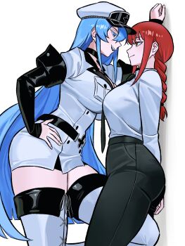 2girls absurdres akame_ga_kill! blue_eyes blue_hair boots chainsaw_man chest_tattoo collared_shirt esdeath hat high-waist_pants highres kabedon long_hair makima_(chainsaw_man) military_hat military_uniform multiple_girls pants peaked_cap red_hair ringed_eyes shirt tattoo thigh_boots very_long_hair yellow_eyes yuri zeon_(zzeeonn)