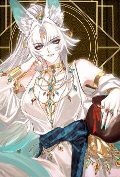 1girl alcohol alternate_costume animal_ear_fluff animal_ears aqua_gemstone aqua_hair armlet bare_shoulders belt blue_belt blue_eyes blue_nails breasts brown_background clenched_hand collarbone commentary detached_sleeves dress earrings eyeshadow feixiao_(honkai:_star_rail) fingernails forehead_jewel fox_ears fox_girl gem gold_armlet gold_choker gold_earrings gold_necklace gold_trim gradient_hair hair_between_eyes hand_on_own_face high_ponytail highres holding holding_jar honkai:_star_rail honkai_(series) jar jewelry large_breasts long_fingernails long_hair looking_at_viewer makeup multicolored_hair multiple_rings nail_polish necklace parted_bangs plaid_belt plaid_clothes ponytail puffy_detached_sleeves puffy_sleeves red_eyeshadow red_gemstone red_ribbon ribbon ring sake seigaiha sidelocks sitting sleeveless sleeveless_dress smile solo symbol-only_commentary teeth white_dress white_hair white_sleeves yziyiling