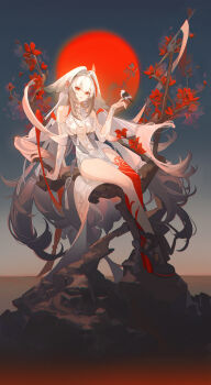 1girl bird bird_on_hand black_shoes breasts dress full_body full_moon grey_hair head_wings high_heels highres large_breasts long_hair looking_at_viewer moon parted_lips red_eyes red_moon shoes sitting solo wanwu_(nighmist) white_dress white_hair wings ye_shunguang zenless_zone_zero