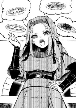 Rule 34 | 1girl, belt, breasts, capelet, commentary request, dress, eyes visible through hair, food, forehead, frown, greyscale, hand on own hip, hand up, heaven burns red, highres, large breasts, looking at viewer, maria de angelis, metako (slime shop), monochrome, nun, open mouth, outline, pizza, sidelocks, simple background, solo, speech bubble, spoken food, teeth, thick eyebrows, upper teeth only, v-shaped eyebrows, veil, white background, white outline