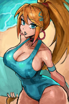 1girl beach black_lips blonde_hair blue_eyes blue_eyeshadow blue_one-piece_swimsuit breasts cleavage earrings eyeshadow grin hair_ornament hairclip highres hoop_earrings jewelry large_breasts long_hair looking_at_viewer makeup metroid nintendo ocean one-piece_swimsuit ponytail saiykik samus_aran sand smile solo swimsuit