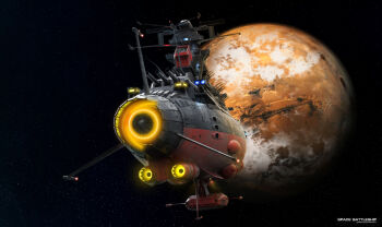 character_name commentary earth_(planet) ending energy_cannon english_commentary english_text fake_screenshot good_end highres lights michaellee4 no_humans planet realistic science_fiction space spacecraft spoilers star_(symbol) star_symbol_background thrusters turret uchuu_senkan_yamato uchuu_senkan_yamato_2199 yamato_(uchuu_senkan_yamato)