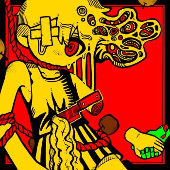 Rule 34 | 1boy, bandaid on eye, collarbone, crossed bandaids, double-parted bangs, hair between eyes, highres, knife, knife in chest, limited palette, looking at viewer, male focus, no mouth, noose, omori, omori (omori), short hair, shorts, solo, something (omori), stab, striped clothes, striped shorts, tank top, uminosoko44, vertical-striped clothes, vertical-striped shorts