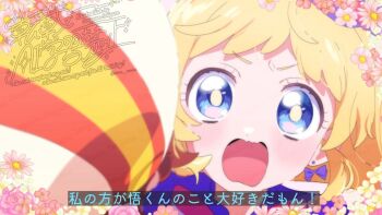 Rule 34 | 1boy, 1girl, angry, beret, blonde hair, blue eyes, bow, bow earrings, bowtie, bright pupils, brown hair, capelet, confession, cure friendy, dot nose, earrings, eyelashes, face-to-face, fake screenshot, floral border, furrowed brow, hat, hetero, inukai iroha, jewelry, light blush, long hair, mini hat, open mouth, pink bow, pink bowtie, precure, purple bow, purple capelet, purple hat, serizawa serizane, short hair, single stripe, solo focus, striped bow, striped bowtie, striped clothes, tareme, toyama satoru, translation request, twitter username, v-shaped eyebrows, watermark, wavy mouth, white hat, wonderful precure!, yellow pupils