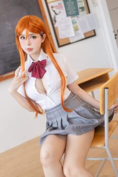 1girl 2024 asian bleach blouse bow breasts brown_eyes chair chalkboard cosplay cosplay_photo desk female_focus hair_ornament hairclip indoors inoue_orihime inoue_orihime_(cosplay) karakura_high_school_uniform large_breasts lips long_hair misaki_chanx orange_hair photo_(medium) red_bow school_chair school_desk school_uniform shirt skirt snowflake_hair_ornament thailand_(nationality)