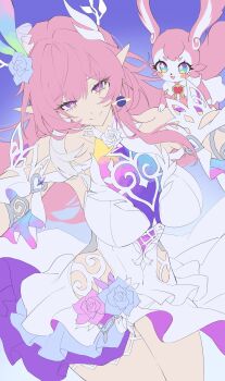 1girl absurdres bare_shoulders blue_flower blue_rose breasts closed_mouth commentary_request cowboy_shot cyrene_(honkai:_star_rail) cyrene_(ripples_of_past_reverie)_(honkai:_star_rail) diamond-shaped_pupils diamond_(shape) dress dual_persona earrings flower hair_flower hair_ornament highres honkai:_star_rail honkai_(series) jewelry large_breasts long_hair long_pointy_ears looking_at_viewer mem_(honkai:_star_rail) netural pink_hair pointy_ears purple_background purple_eyes rose sidelocks smile solo split_mouth symbol-shaped_pupils thighs unfinished white_dress