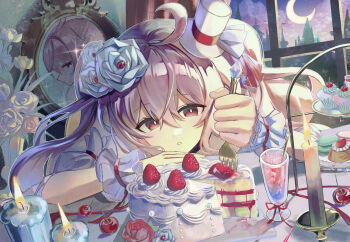 Rule 34 | 1girl, absurdres, ahoge, bright pupils, cake, candle, cherry, commentary, cowboy shot, crescent moon, cup, double-parted bangs, drinking glass, flower, food, fork, fruit, hair between eyes, hair flower, hair ornament, hat, highres, hishaku (hisyakusama), holding, holding fork, indoors, mirror, moon, night, original, parted lips, red eyes, red flower, red rose, rose, shirt, short sleeves, solo, strawberry, white flower, white hat, white pupils, white rose, white shirt, window, wrist cuffs
