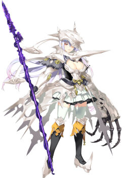1girl armor breasts choukou_(alicesoft) choukou_taisen_escalation_heroines cleavage fafnir_siegfried_vii highres holding holding_polearm holding_weapon koutei_no_nir large_breasts long_hair official_art one_eye_covered orion_(orionproject) pauldrons polearm red_eyes shoulder_armor skeletal_hand solo tachi-e thighhighs weapon white_hair