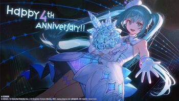 1girl :d aqua_eyes aqua_hair beret bouquet collared_dress commentary dress english_commentary flower gloves hat hatsune_miku holding holding_bouquet long_hair looking_at_viewer musical_staff necktie ninomae_ina&#039;nis_(artist) official_alternate_costume official_art open_mouth reaching reaching_towards_viewer short_dress sleeveless sleeveless_dress smile solo teeth thigh_strap tilted_headwear twintails upper_teeth_only very_long_hair vocaloid white_dress white_gloves white_hat
