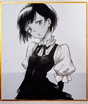 1girl bow bowtie closed_mouth collared_shirt commentary_request dress expressionless frilled_dress frilled_shirt_collar frills grey_hair looking_at_viewer makomako1061 original parted_bangs photo_(medium) pinafore_dress shikishi shirt short_hair short_sleeves sleeveless sleeveless_dress solo traditional_media upper_body white_shirt