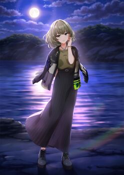 Rule 34 | 1girl, belt, blue eyes, bracelet, brown hair, cloud, english text, full body, green eyes, heterochromia, idolmaster, idolmaster cinderella girls, idolmaster cinderella girls starlight stage, jacket, jewelry, long skirt, moon, necklace, official art, promotional art, skirt, solo, star (sky), takagaki kaede, water