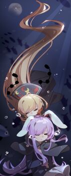 2girls absurdres animal_ears blonde_hair bubble closed_eyes dark_background deep_sea fish floating gumingdi_ban highres hug junko_(touhou) long_hair moonlight multiple_girls purple_hair rabbit_ears reisen_udongein_inaba touhou underwater