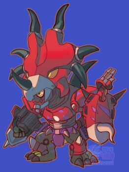 Rule 34 | 765 nanami, armor, blue background, colored skin, commentary, digimon, digimon (creature), dragon, dual wielding, english commentary, green skin, helmet, highres, holding, holding shield, horns, red armor, red helmet, shield, simple background, solo, styracomon, yellow eyes