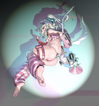 Rule 34 | 1girl, absurdres, alternate costume, angel wings, arm warmers, ass, backpack, bag, bare shoulders, barefoot, bikini, blunt bangs, blush, bow, breasts, chochomi, clenched hand, commentary, covered erect nipples, drop shadow, fake wings, feet, foot focus, foreshortening, from side, full body, gradient background, green background, green bow, green hair, hair intakes, hair ornament, halftone, halftone background, hashtag-only commentary, high ponytail, highres, holding, holding megaphone, leg warmers, looking at viewer, medium hair, megaphone, micro bikini, necktie, open mouth, pink arm warmers, pink bag, pink leg warmers, ponytail, pouch, randoseru, red necktie, shiny skin, side-tie bikini bottom, sideways glance, simple background, small breasts, soles, solo, spotlight, string bikini, striped arm warmers, striped leg warmers, sunna (zenless zone zero), swimsuit, teeth, thigh pouch, thigh strap, thong bikini, toes, upper teeth only, white background, white bikini, winged bag, wings, zenless zone zero