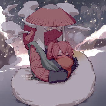 1boy 1girl bad_id bad_pixiv_id black_gloves blush breath closed_eyes cold file-mei fox_tail genderswap genderswap_(mtf) gloves hair_between_eyes han_(naruto) hat highres long_hair mask mountain mouth_mask naruko_(naruto) naruto:_road_to_ninja naruto_(classic) naruto_(series) naruto_shippuuden outdoors pupiless_eyes red_hair red_headwear sitting snow snowing steam tail tail_wrap torn_clothes twintails twitter_username uzumaki_naruto yellow_eyes