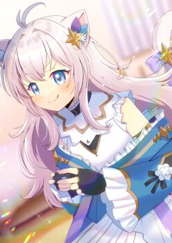 1girl :q animal_ears black_gloves blue_eyes blue_jacket blurry blurry_background blush closed_mouth commission controller copyright_request depth_of_field dress dutch_angle fingerless_gloves frilled_jacket frills game_controller gloves hair_between_eyes holding indoors jacket kou_hiyoyo long_hair long_sleeves off_shoulder pink_hair pleated_dress skeb_commission smile solo tongue tongue_out v-shaped_eyebrows very_long_hair white_dress wide_sleeves