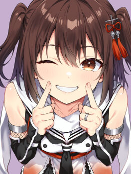 1girl black_neckerchief brown_eyes brown_hair commentary_request elbow_gloves gauntlets gloves grin index_fingers_raised jewelry kantai_collection leaning_forward neckerchief one_eye_closed orange_shirt purple_background ring sailor_collar sailor_shirt scarf sendai_(kancolle) sendai_kai_ni_(kancolle) shirt sleeveless sleeveless_shirt smile solo two_side_up wedding_ring white_sailor_collar white_scarf yuzuttan