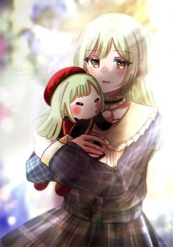 Rule 34 | 1girl, asahi rise, bang dream!, bang dream! it's mygo!!!!!, blue dress, blurry, blurry background, choker, chromatic aberration, commentary, dress, frilled choker, frills, green hair, hair ornament, hairclip, highres, long hair, long sleeves, mortis (bang dream!), mortis (costume) (bang dream!), mortis (persona) (bang dream!), open mouth, plaid clothes, plaid dress, wakaba mutsumi, wakaba mutsumi (doll), yellow eyes