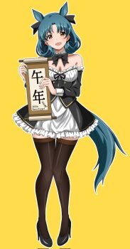 1girl 2026 animal_ears black_bow black_bowtie black_shoes black_thighhighs bow bowtie breasts brown_eyes chinese_zodiac cleavage commentary_request corrupted_twitter_file dress fingernails full_body green_hair green_nails high_heels highres holding holding_scroll horse_ears horse_tail idolmaster idolmaster_million_live! kemonomimi_mode looking_at_viewer nail_polish new_year open_mouth outline ponpon scroll shoes short_hair simple_background smile solo standing tail thighhighs tokugawa_matsuri white_outline year_of_the_horse yellow_background