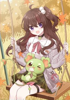 1girl ahoge animal animal_on_lap autumn_leaves brown_hair brown_neckerchief cardigan collared_shirt commentary_request commission grass green_skirt grey_cardigan highres indie_virtual_youtuber leaf long_hair long_sleeves looking_at_viewer nagisa_(vtuber) neckerchief on_lap on_swing open_cardigan open_clothes open_mouth purple_eyes second-party_source shan124680 shirt side_ponytail sitting skirt solo swing thigh_strap virtual_youtuber white_shirt