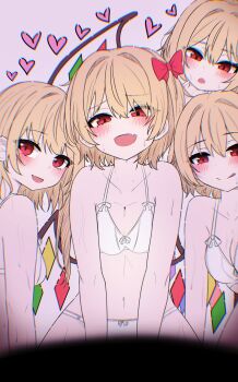 bikini blonde_hair blush bow breasts cleavage commentary_request crystal_wings fang flandre_scarlet four_of_a_kind_(touhou) heart highres imminent_penetration kiui_(dagk8254) licking_lips looking_at_viewer loving_aura open_mouth red_bow red_eyes side_ponytail smile straddling swimsuit tongue tongue_out touhou wet wet_clothes wet_swimsuit white_bikini wings