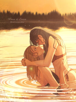 2girls arms_around_neck black_hair black_one-piece_swimsuit blonde_hair blurry blurry_background bodysuit breasts character_name closed_mouth commentary_request couple erica_(hoshizora_no_shita) evening eye_contact film_grain fingernails from_side grey_bodysuit half_updo hand_on_another's_hip highres hoshizora_no_shita interlocked_fingers kana_(hoshizora_no_shita) lake large_breasts lens_flare long_hair looking_at_another looking_down looking_up multiple_girls nail_polish one-piece_swimsuit original outdoors own_hands_together parted_lips partially_submerged profile reflection ripples smile straight_hair swimsuit warm_colors water wet wet_hair yuri