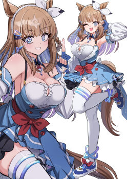 1girl absurdres almond_eye_(umamusume) animal_ears armpits bare_shoulders blue_eyes blue_gloves bow bow_hairband breasts brown_hair commentary_request cross-shaped_pupils dress dress_bow fingerless_gloves frilled_dress frills full_body gloves hairband highres holding horse_ears horse_girl horse_tail index_finger_raised large_breasts long_hair looking_at_viewer multiple_views one_eye_closed open_hand open_mouth pizzasi red_bow simple_background smile sparkle stage stage_lights standing standing_on_one_leg symbol-shaped_pupils tail thighhighs thighs umamusume white_background white_bow white_dress white_thighhighs x_x