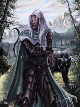 armor black_panther cloak dark_elf drizzt_do&#039;urden drow dual_wielding elf fantasy guenhwyvar holding keelerleah mountainous_horizon panther pine_tree plate_armor pointy_ears purple_eyes scimitar signature sword tree weapon white_hair