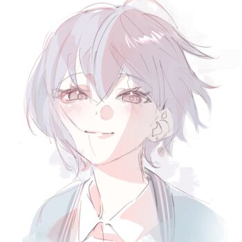 1girl bang_dream! bang_dream!_it&#039;s_mygo!!!!! blush brown_eyes closed_mouth commentary earrings grey_hair hair_between_eyes hair_in_own_mouth jewelry kouhiipan looking_at_viewer portrait simple_background single_earring solo takamatsu_tomori white_background