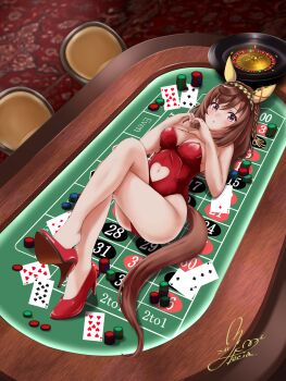 1girl animal_ears blurry blurry_background blush brown_hair buena_vista_(umamusume) casino checkered_hairband clothing_cutout commentary_request crossed_legs ear_covers ear_ornament eight_of_hearts five_of_clubs hair_between_eyes hairband heart heart_hands high_heels highres horse_ears horse_girl horse_tail medium_hair miki_lutecia multicolored_hair navel_cutout nine_of_hearts nontraditional_playboy_bunny on_table poker_chip purple_eyes red_shoes roulette roulette_table shoes signature solo stool streaked_hair table tail ten_of_spades three_of_spades two_of_diamonds two_of_spades umamusume white_hair