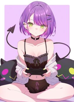 1girl barefoot bibi_(tokoyami_towa) black_camisole black_choker black_shorts bob_cut border breasts camisole cardigan choker cleavage closed_mouth controller crop_top demon_girl demon_tail earclip earrings frilled_camisole frills game_controller gradient_hair green_eyes green_nails hair_ornament hairclip highres holding holding_controller holding_game_controller hololive indian_style jewelry looking_at_viewer medium_breasts midriff multicolored_hair nail_polish nametakeko navel_piercing o-ring o-ring_choker off_shoulder official_alternate_hair_length official_alternate_hairstyle piercing pink_background pink_hair pointy_ears purple_hair purple_nails short_hair short_shorts shorts sitting solo spiked_ear_piercing straight-on swept_bangs tail tail_ornament tail_piercing tokoyami_towa virtual_youtuber white_border white_cardigan