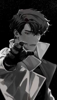 1boy aegyo_sal black_eyes black_gloves black_hair black_shirt blackbox_(blackbox9158) coat gloves highres male_focus omniscient_reader&#039;s_viewpoint open_clothes open_coat outstretched_hand popped_collar reaching reaching_towards_viewer serious shirt short_hair sky solo star_(sky) starry_sky textless_version upper_body white_coat yoo_joonghyuk