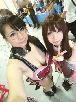 Rule 34 | 2girls, black hair, breasts, cattleya (queen's blade), cattleya (queen's blade) (cosplay), chouzuki maryou, cosplay, flower, glasses, green eyes, highres, hip focus, large breasts, multiple girls, photo (medium), plump, queen's blade, thick thighs, thighs, wide hips