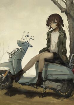 1girl absurdres black_boots black_hair black_shorts blue_eyes boots closed_mouth cloud cloudy_sky coat day eliot_(eokaitekaite969) expressionless full_body green_coat green_jacket grey_eyes highres jacket long_sleeves looking_at_viewer motor_vehicle motorcycle open_clothes open_jacket original outdoors parted_lips shadow shirt short_hair shorts sitting sky solo tree white_shirt