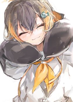 1girl :3 black_hair blonde_hair blush closed_eyes fish_hair_ornament hair_between_eyes hair_ornament hands_on_own_cheeks hands_on_own_face hashtag-only_commentary highres hood hood_down multicolored_hair nannannanyu0921 neckerchief nijisanji nijisanji_en petra_gurin petra_gurin_(1st_costume) short_hair simple_background sleeves_past_fingers sleeves_past_wrists smile solo streaked_hair virtual_youtuber white_background yellow_neckerchief