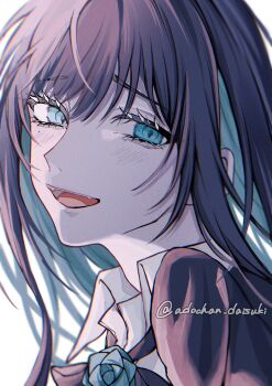 1girl ado_(utaite) aegyo_sal black_hair blue_eyes blue_hair blush chando_(ado) collared_shirt colored_inner_hair commentary fangs hashtag-only_commentary highres long_hair looking_at_viewer mole mole_under_eye multicolored_hair open_mouth oyashirazu_(adochan_daisuki) shirt sidelocks solo teeth upper_teeth_only utaite white_shirt