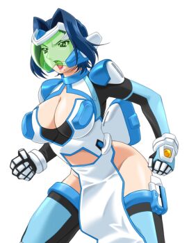 1girl blue_hair blue_thighhighs breasts cleavage cleavage_cutout clenched_hands clothing_cutout face_shield game_cg gan-chan_(artist) green_eyes hair_intakes hishidou_aiko hitozuma_sentai_aisaiger large_breasts large_variant_set lipstick magical_girl makeup mole mole_under_mouth no_panties non-web_source official_art open_mouth pelvic_curtain saiger_iris short_hair solo thighhighs transparent_background variant_set