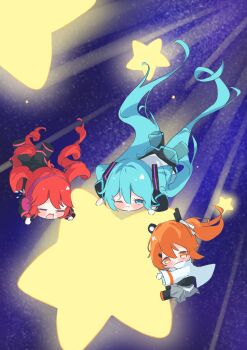 Rule 34 | 3girls, a.i. voice, absurdres, adachi rei, aqua eyes, aqua hair, chibi, chibi only, closed eyes, commentary, cott (cott 5), drill hair, falling, hatsune miku, highres, kasane teto, long hair, multiple girls, one eye closed, one side up, open mouth, orange eyes, orange hair, red hair, shooting star, symbol-only commentary, twin drills, twintails, utau, very long hair, vocaloid