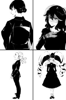 Rule 34 | 10s, 4girls, 71 (nanaichi drafting), alternate hair length, alternate hairstyle, collage, dress, drill hair, eyepatch, female focus, formal clothes, funeral dress, gloves, greyscale, hair bun, harime nui, high contrast, hououmaru rei, japanese clothes, kill la kill, kimono, kiryuuin satsuki, long hair, matoi ryuuko, monochrome, multiple girls, ringlets, short hair, siblings, single hair bun, sisters, suit, twin drills, upper body, veil, white background