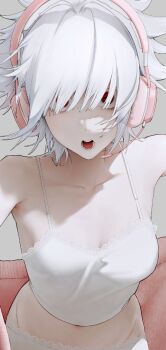 1girl breasts cleavage collarbone commentary_request copyright_request cropped_shirt duckchuni hair_over_eyes headset korean_commentary messy_hair navel open_mouth red_eyes shirt sleeveless sleeveless_shirt solo spaghetti_strap teeth white_hair white_shirt